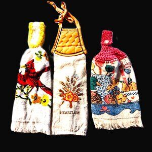 Hanging Kitchen Towels ~ Lot 3 ~ Quilted Tie & Crochet Button ~ Timeless Retro!
